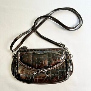 Brighton Patent Croc Embossed Crossbody Leather Bag Dark Brown Heart Charm Chic